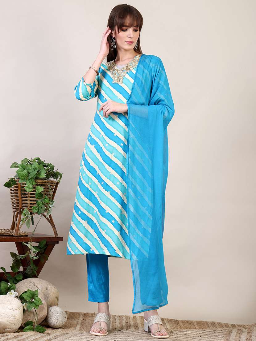 women three quarter sleeve kurta pant with dupatta set