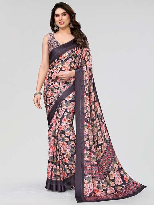 women black floral printed saree with blouse - 21679110 -  Standard Image - 0