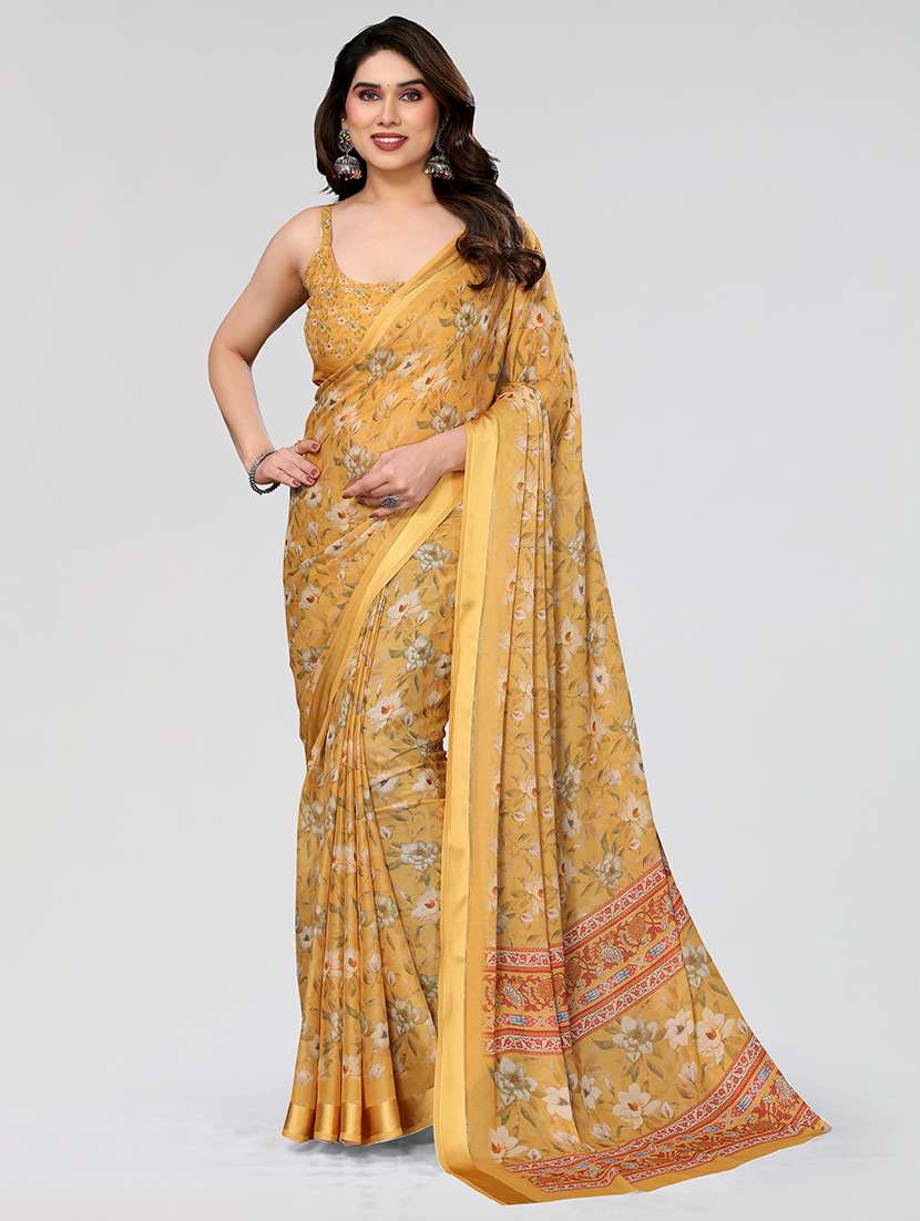 women yellow floral printed saree with blouse