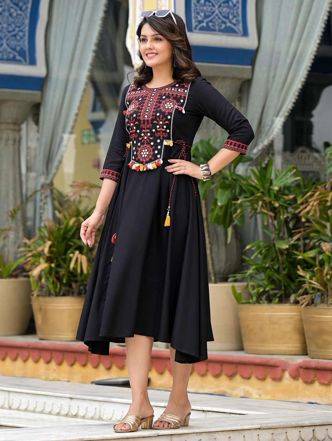 women black embroidered round neck flared dress - 21679163 - Standard Image - 1