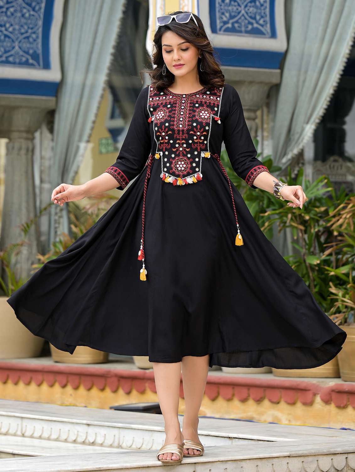 women black embroidered round neck flared dress - 21679163 - Standard Image - 4