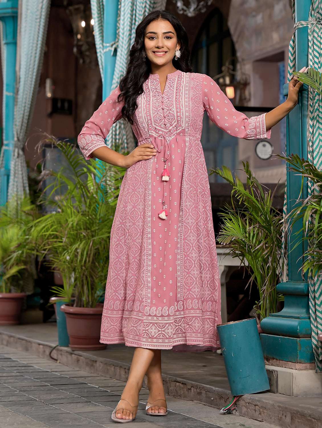 women printed mandarin neck a-line ethnic dress - 21679164 -  Standard Image - 4