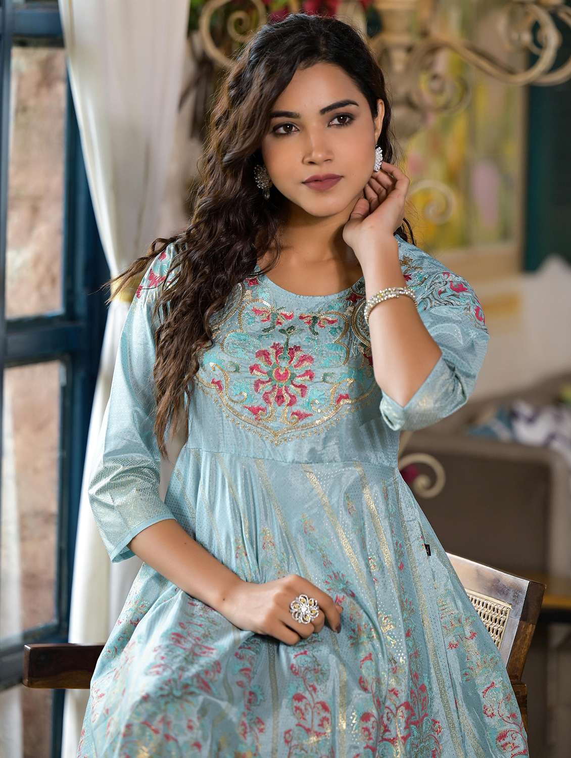 women light blue embellished flared ethnic dress - 21679165 -  Standard Image - 4
