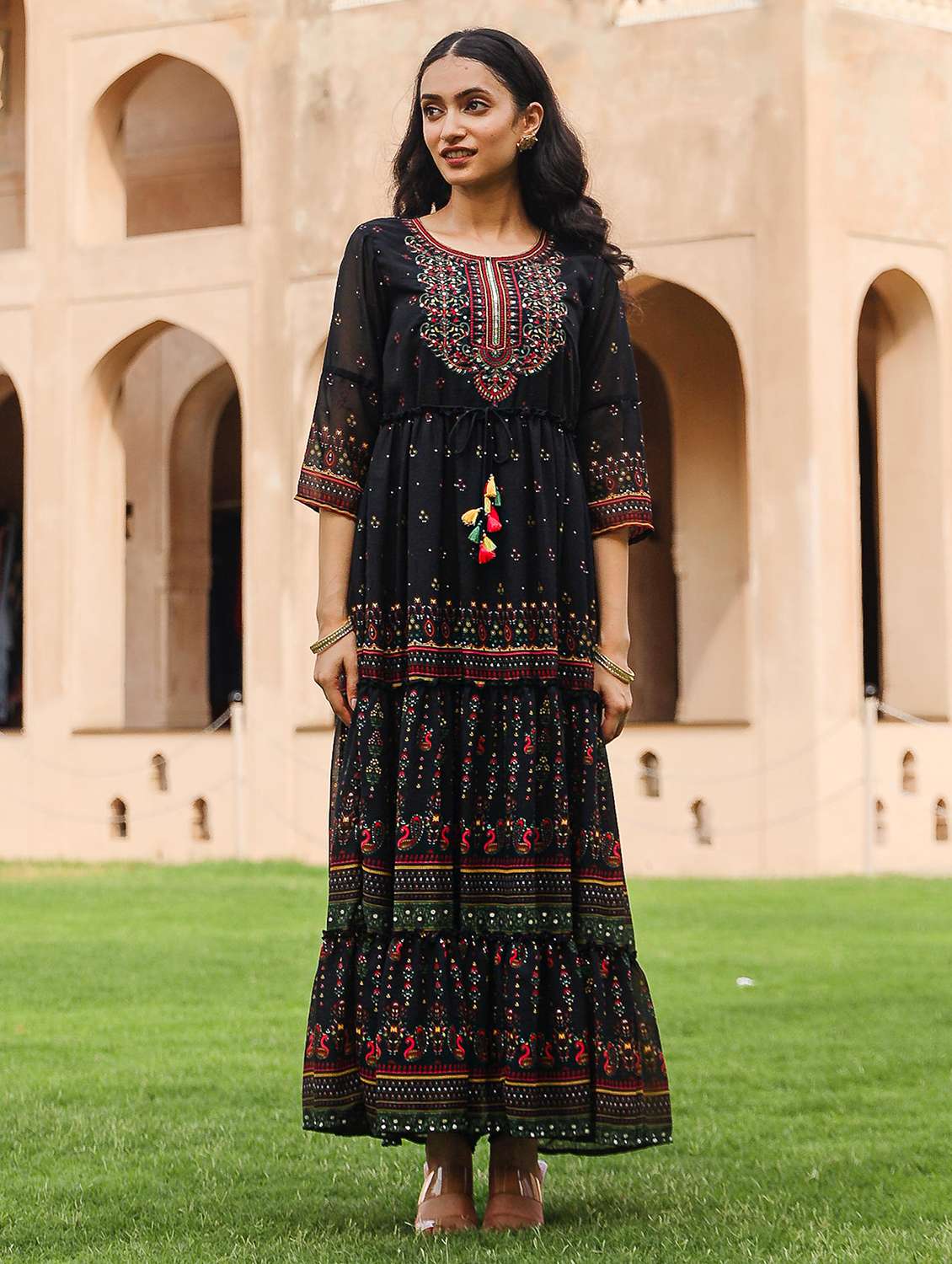 women black embroidered tiered ethnic dress - 21679168 -  Standard Image - 1