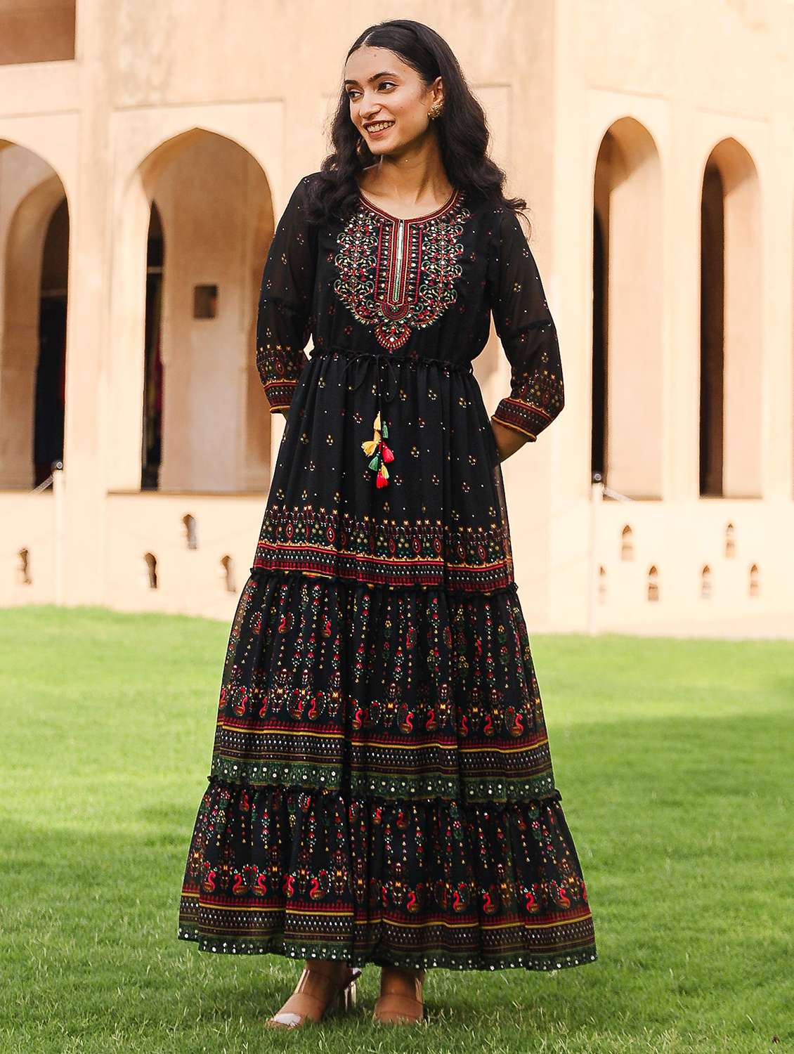 women black embroidered tiered ethnic dress - 21679168 - Standard Image - 4