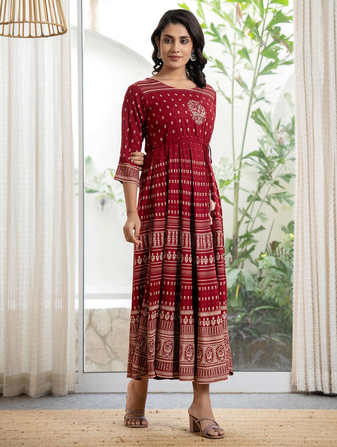 women maroon printed round neck flared dress - 21679174 -  Standard Image - 1