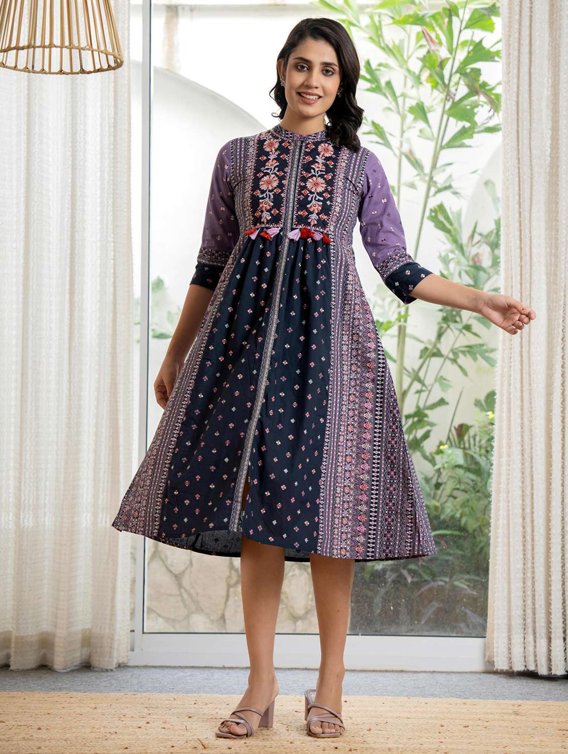 women blue printed mandarin neck a-line dress