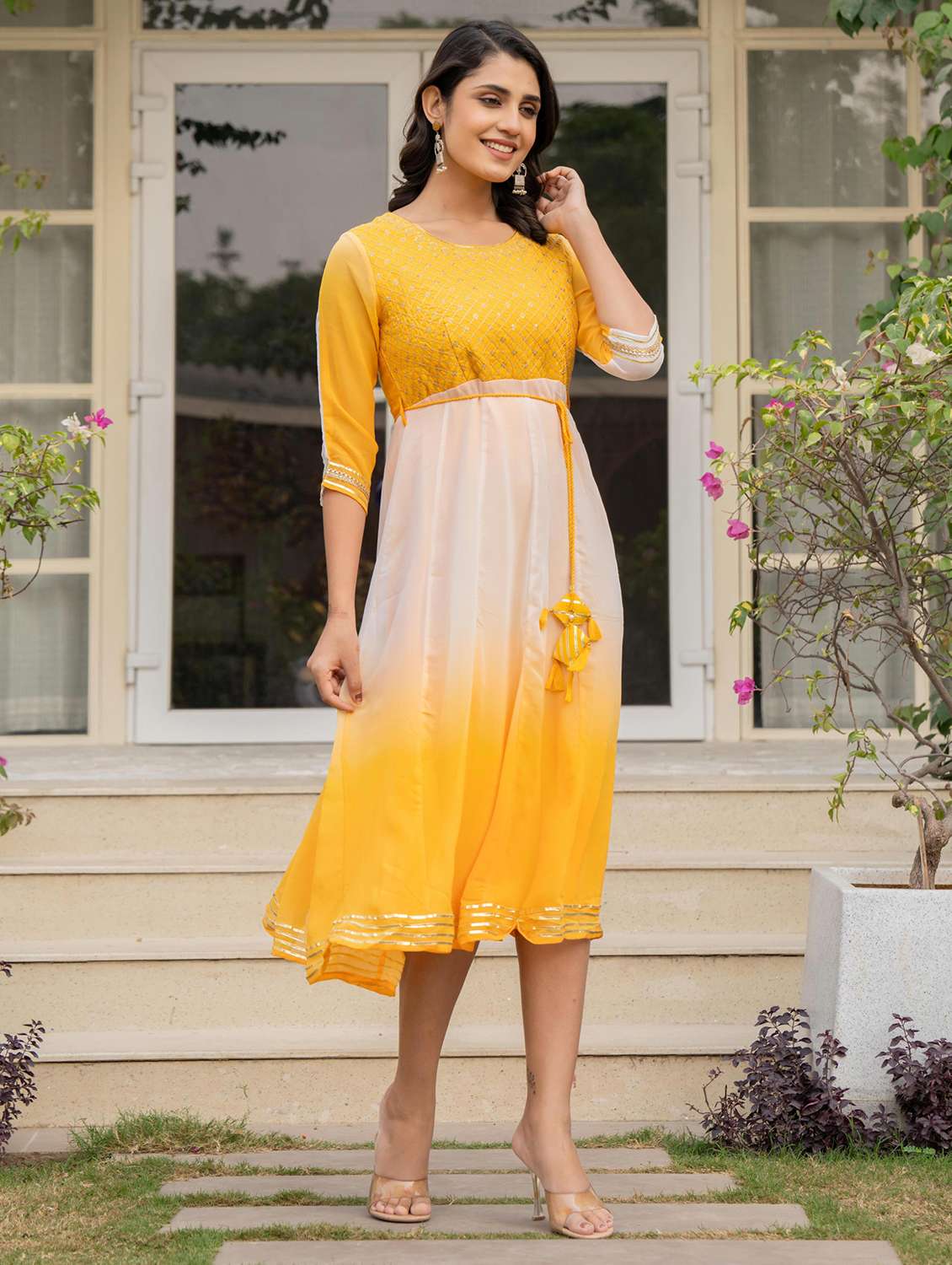 women yellow ombre round neck fit & flare dress - 21679180 -  Standard Image - 1