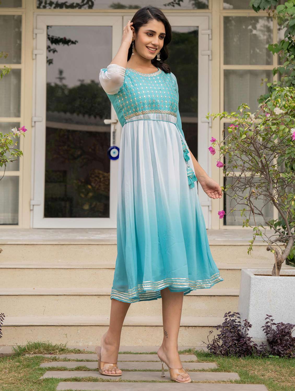 women light blue ombre round neck fit & flare dress - 21679181 - Standard Image - 1