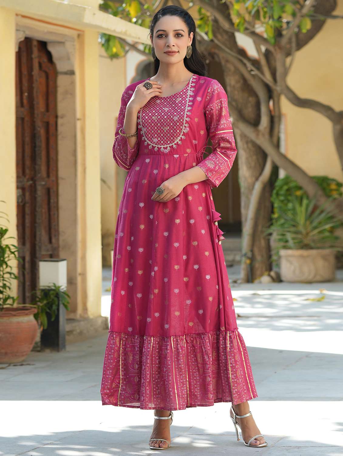 women floral round neck tiered dress