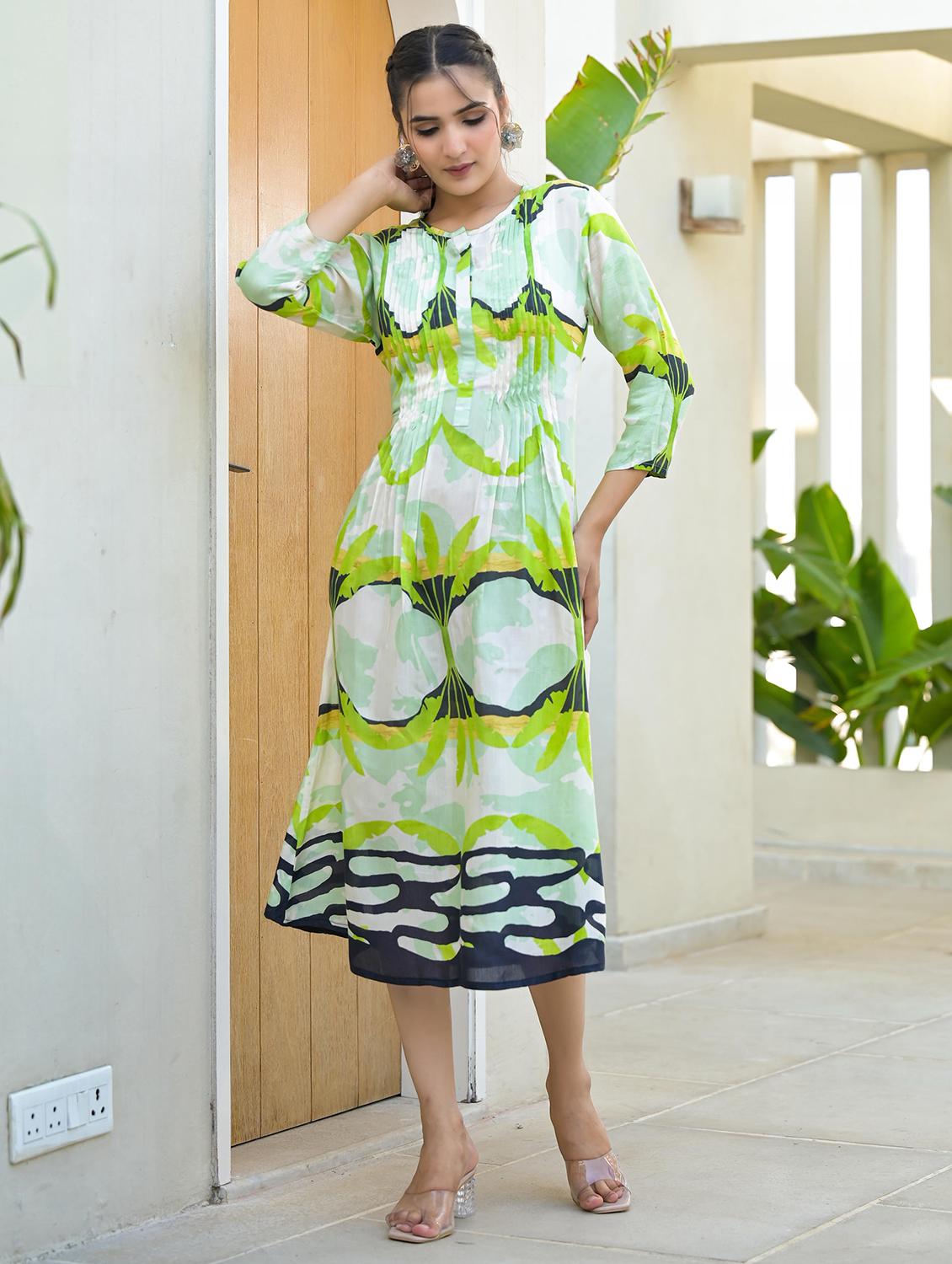 women green printed round neck a-line dress - 21679194 - Standard Image - 1