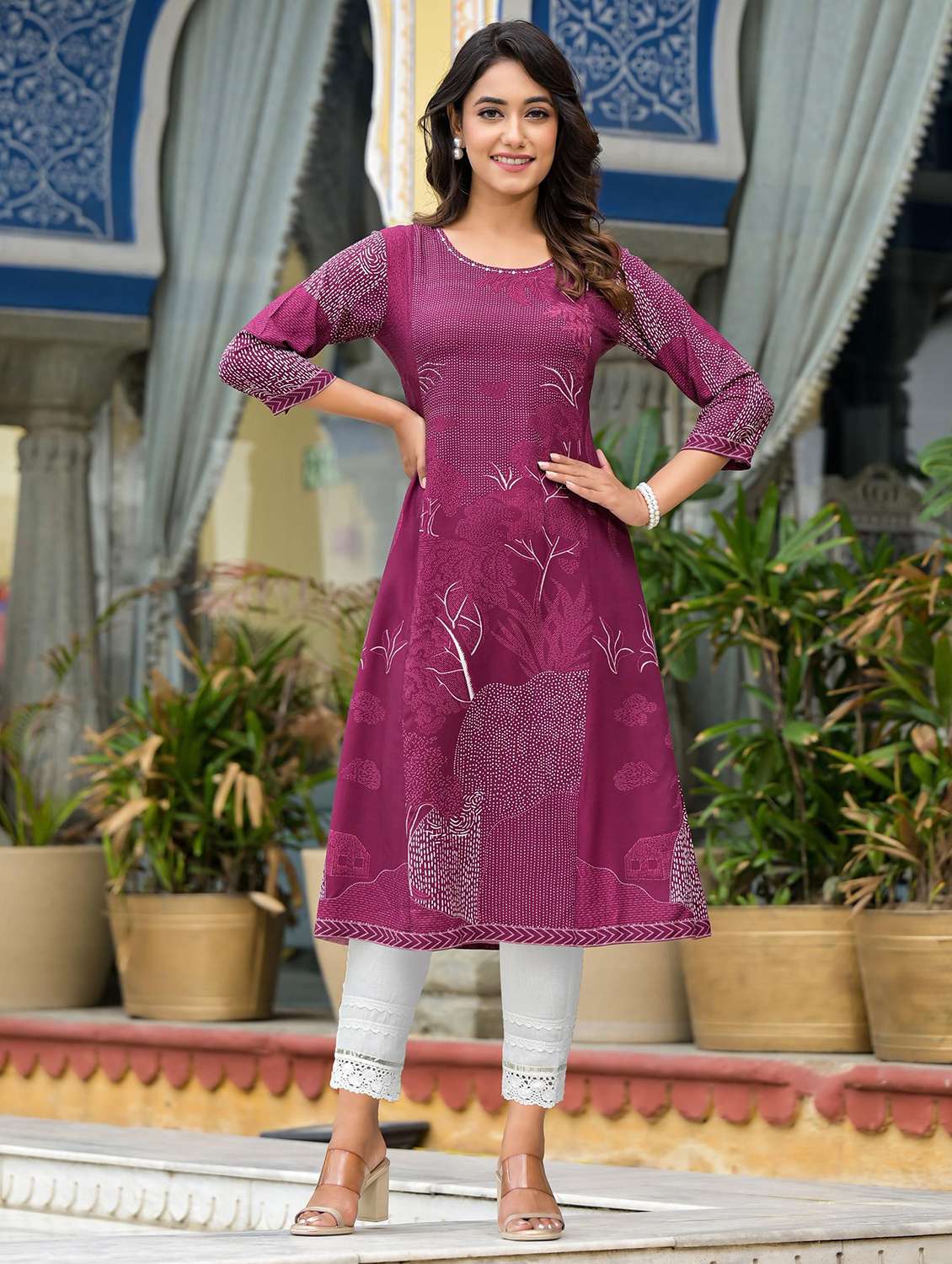 women printed round neck a-line kurta