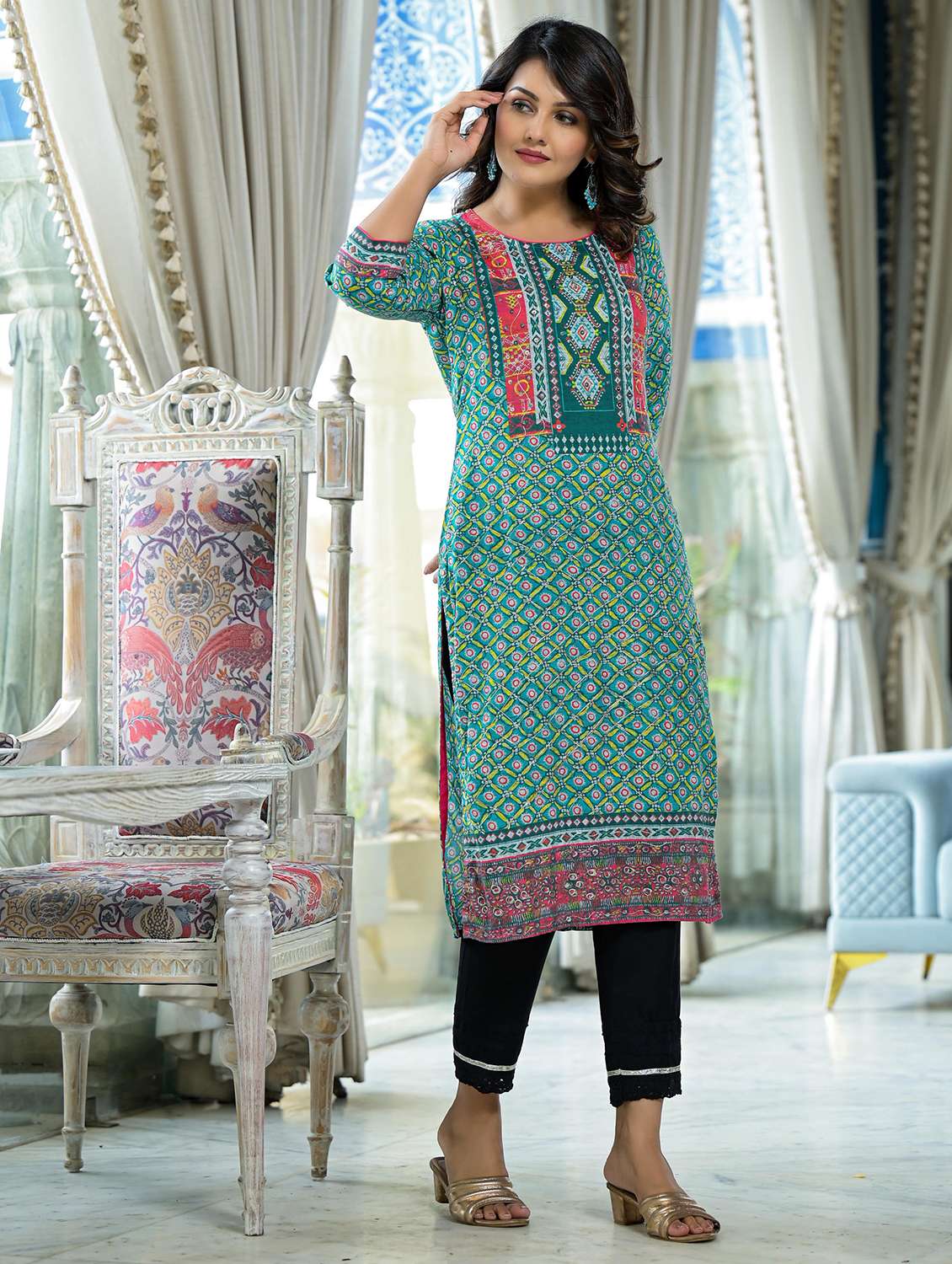 women printed round neck straight kurta - 21679203 -  Standard Image - 1