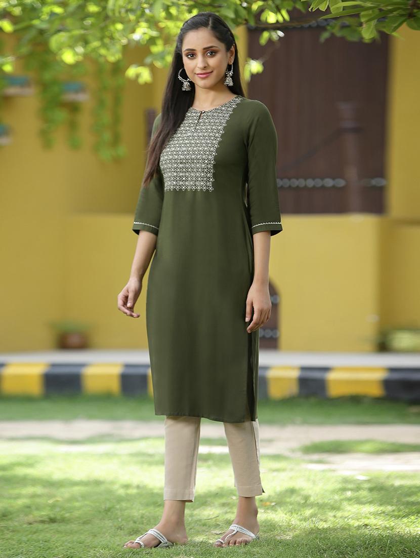 women embroidered round neck straight kurta - 21679212 - Standard Image - 1