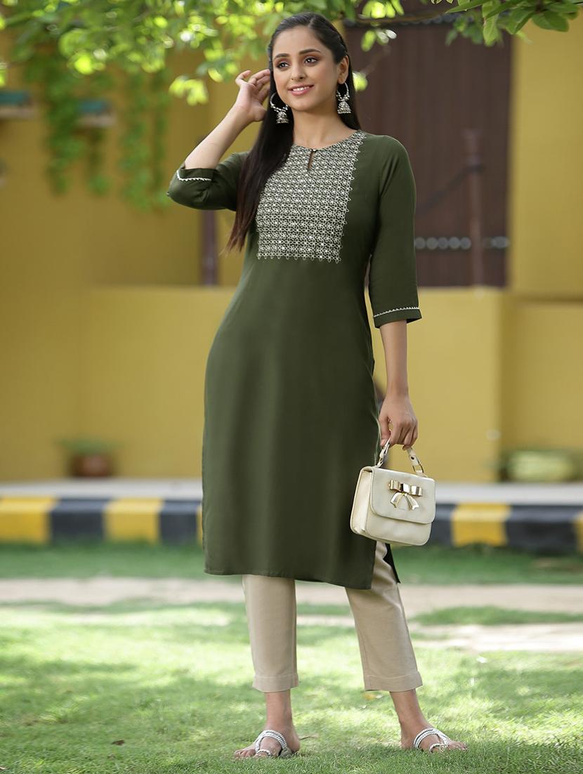 women embroidered round neck straight kurta - 21679212 - Standard Image - 4