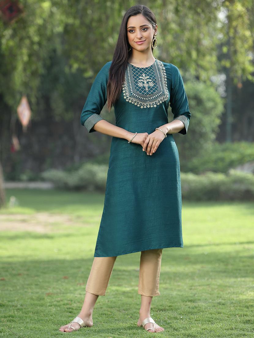 women embroidered mandarin neck straight kurta - 21679214 - Zoom Image - 0