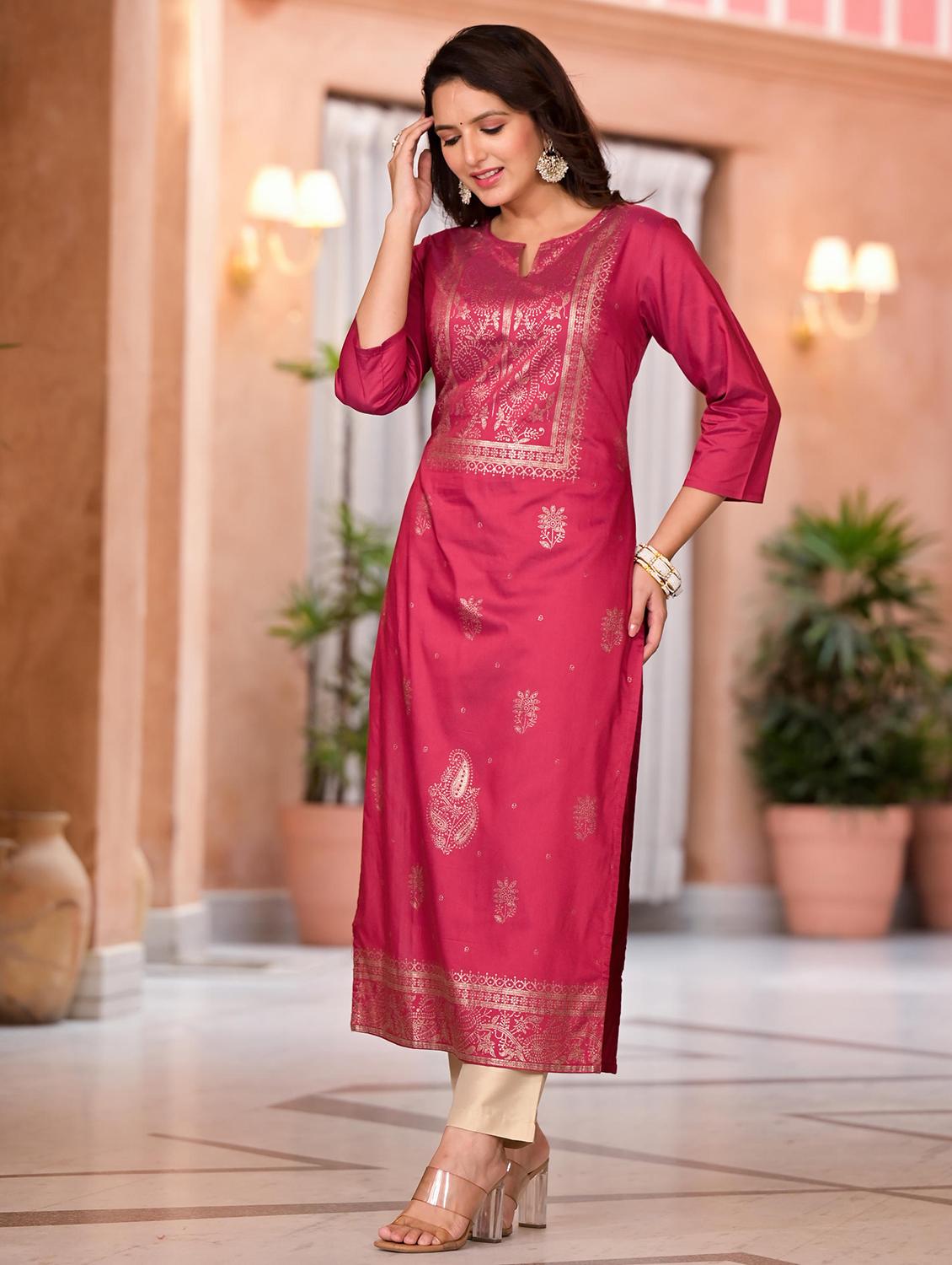 women foil print three quater sleeves straight kurta - 21679224 -  Standard Image - 1