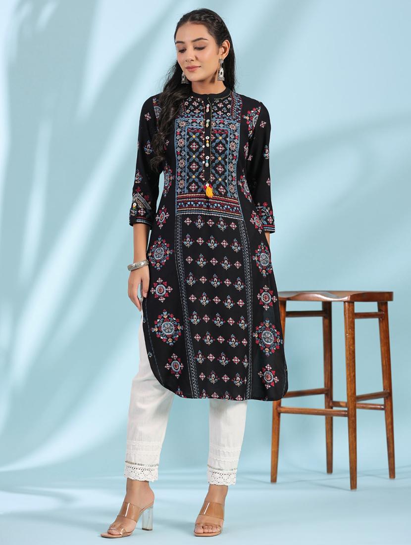 women black printed mandarin neck straight kurta - 21679225 - Zoom Image - 0