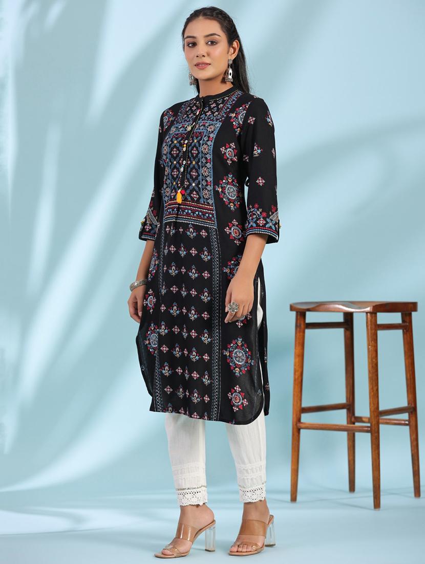 women black printed mandarin neck straight kurta - 21679225 - Standard Image - 1