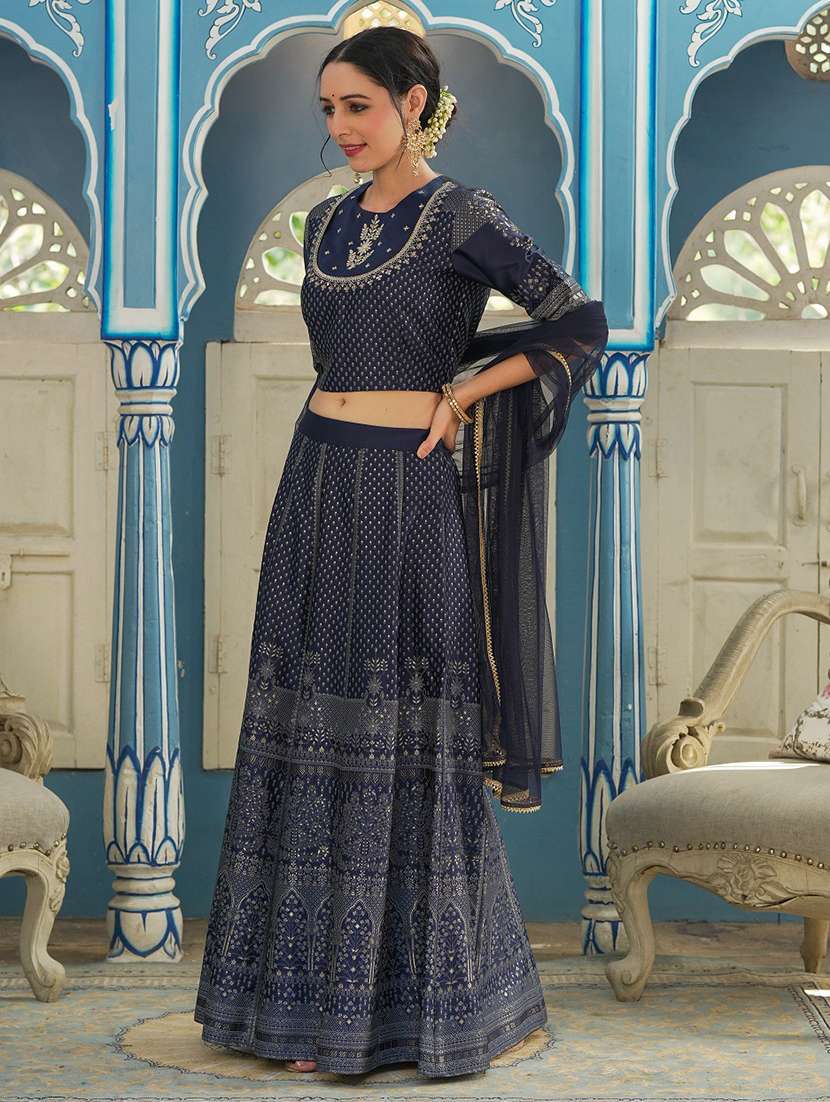 women navy blue printed stitched lehenga choli with dupatta - 21679226 -  Standard Image - 1