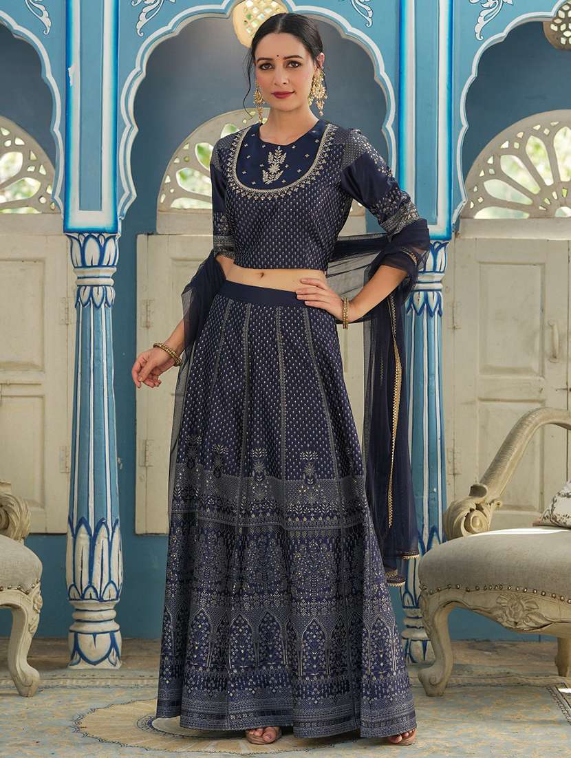 women navy blue printed stitched lehenga choli with dupatta - 21679226 -  Standard Image - 4