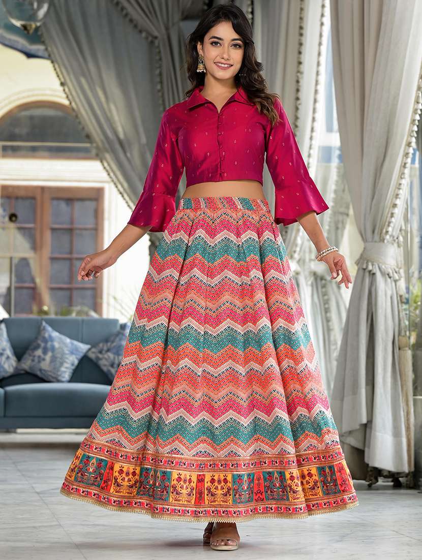 women pink printed shirt collar neck skirt top set