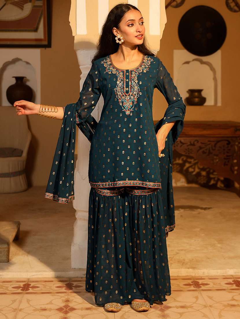 women embroidered kurta sharara set with dupatta