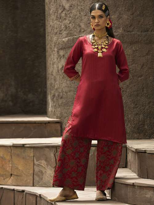 women maroon solid round neck kurta palazzo set - 21679276 - Standard Image - 0