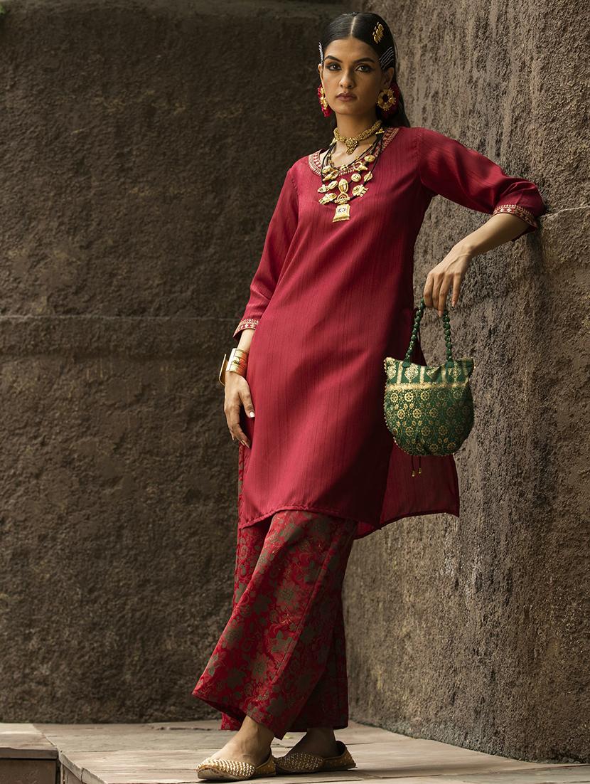women maroon solid round neck kurta palazzo set - 21679276 - Standard Image - 1