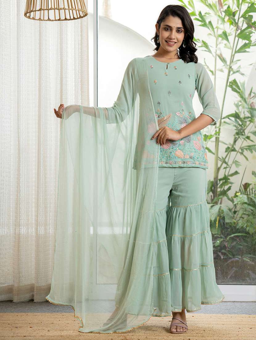 women embroidered kurta sharara set with dupatta