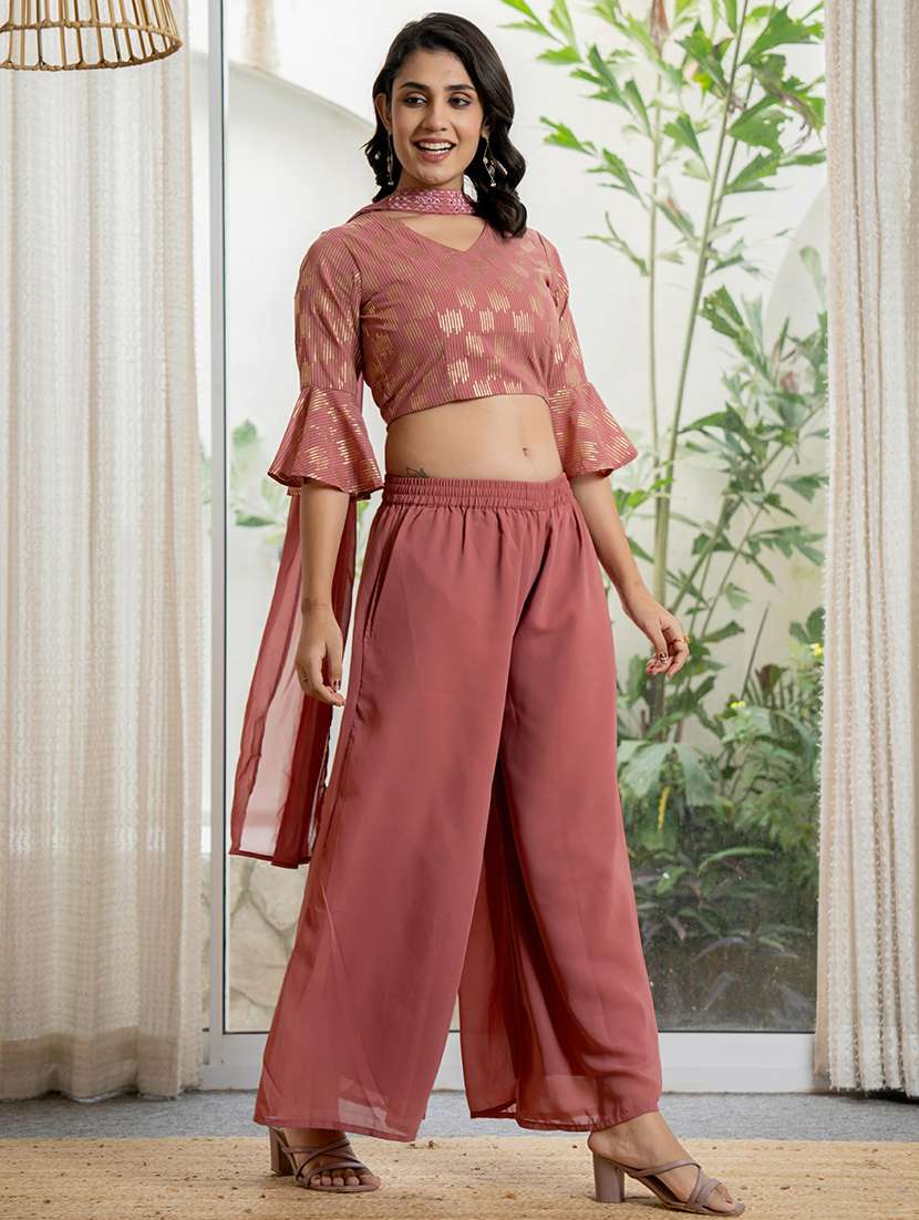 women peach sequin work v neck fusion set - 21679283 - Standard Image - 1