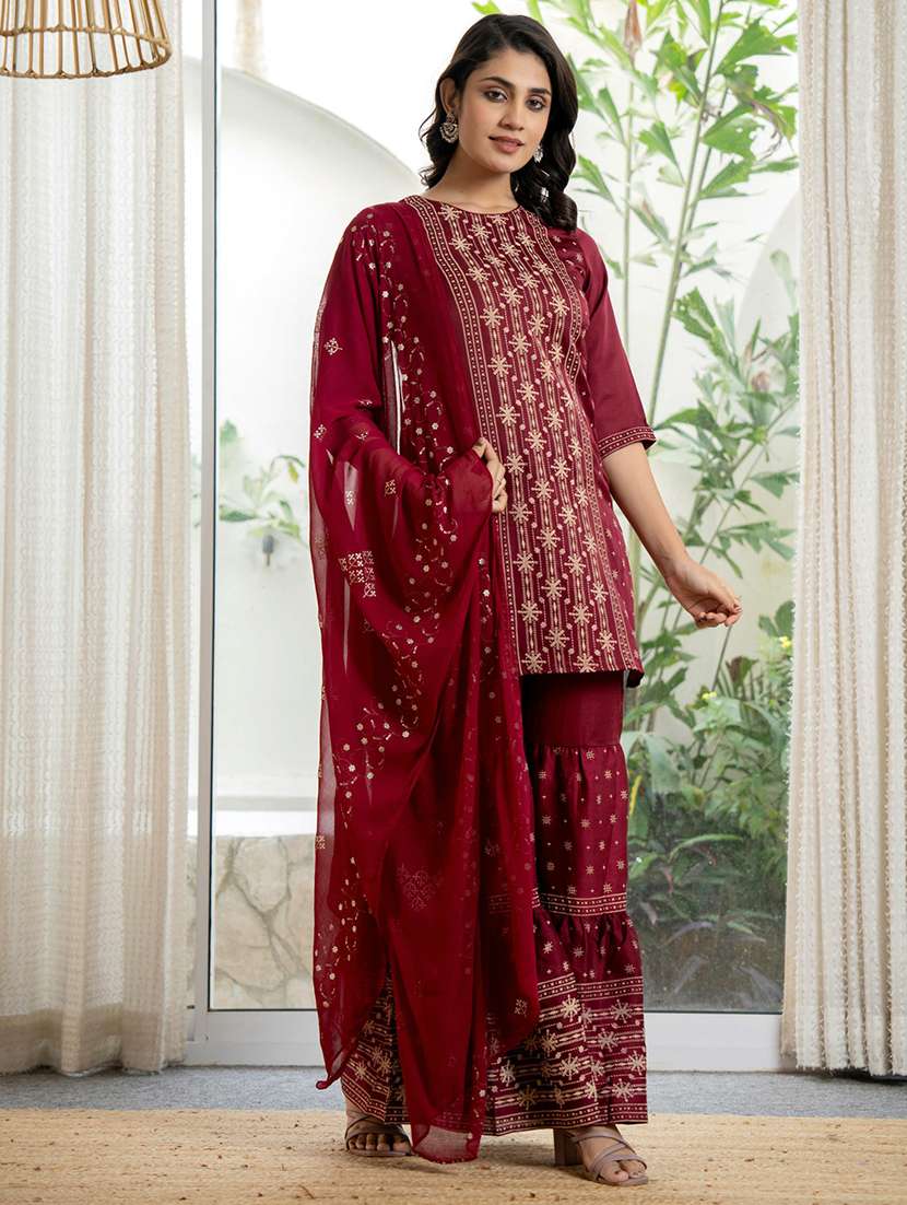 women embroidered kurta sharara set with dupatta - 21679287 -  Standard Image - 1
