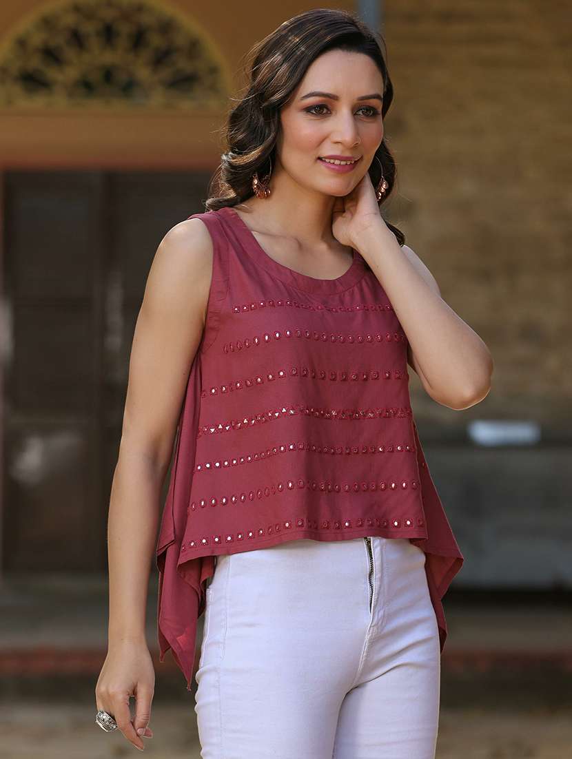 women mirror work round neck asymmetric top - 21679295 -  Standard Image - 4