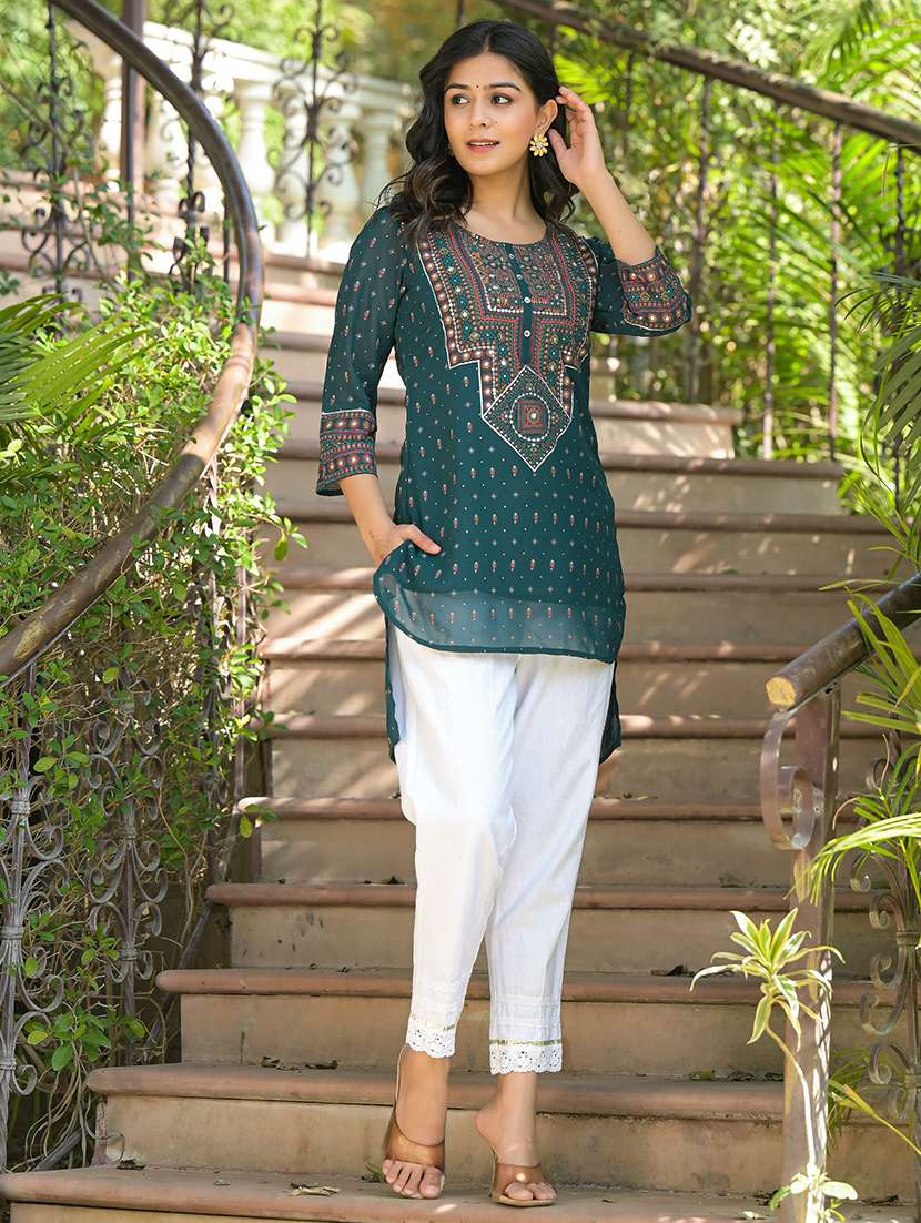 women green printed round neck high-low kurti - 21679306 - Standard Image - 1