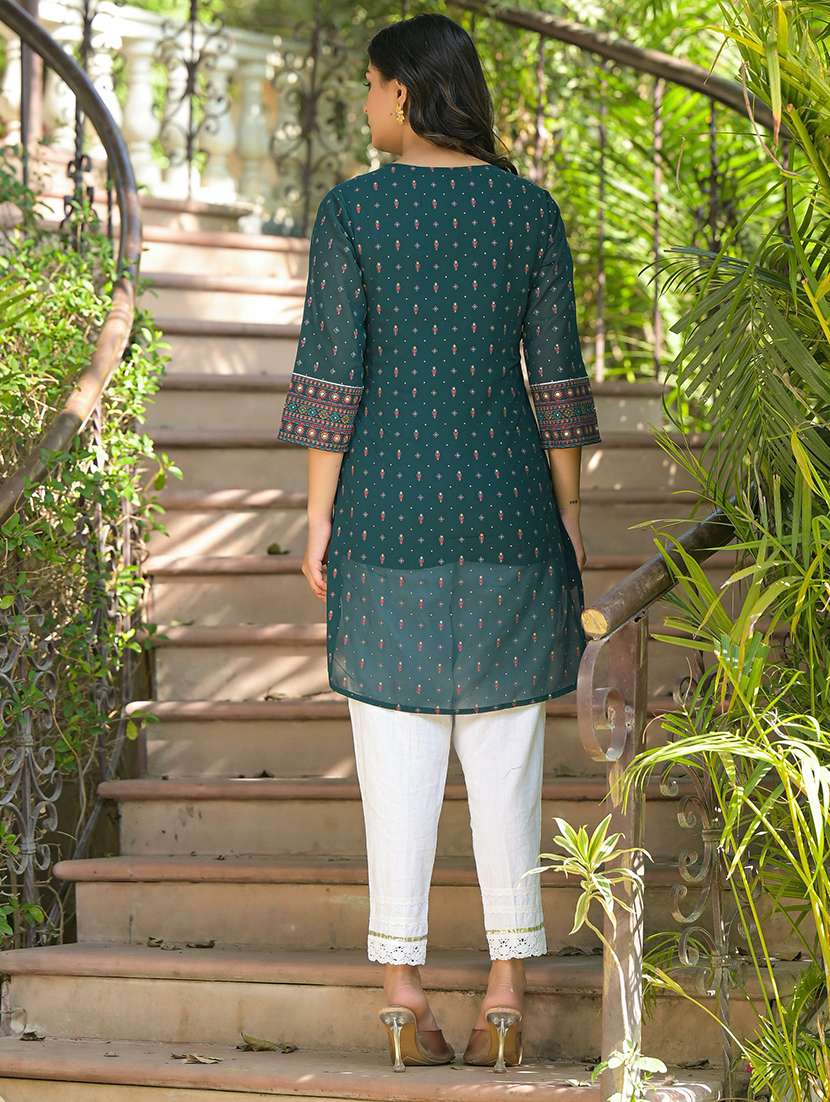 women green printed round neck high-low kurti - 21679306 - Standard Image - 4