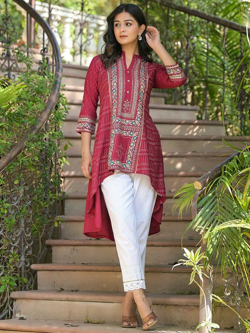women printed mandarin neck high-low kurta - 21679310 - Standard Image - 0