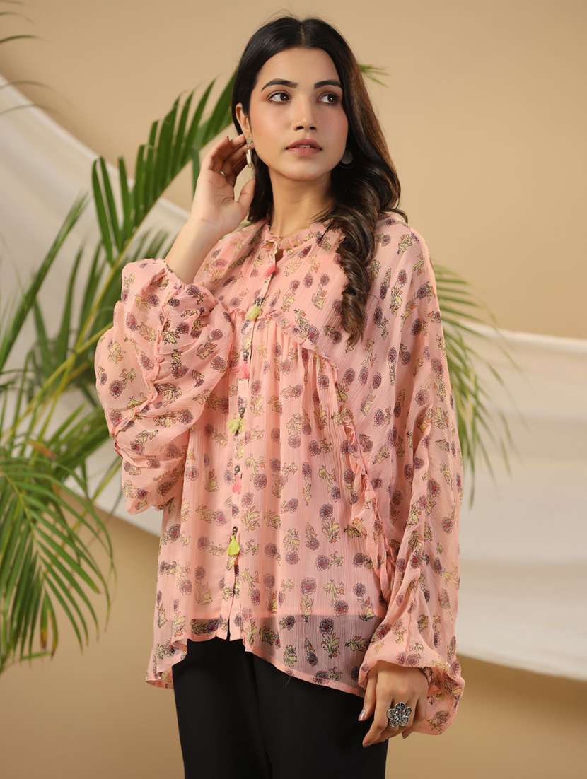 women peach floral printed a-line top