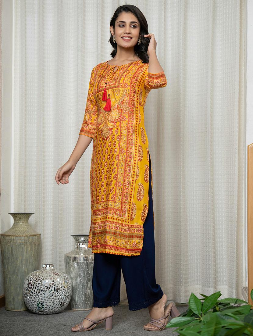 women printed tie-up neck straight kurta - 21679315 -  Standard Image - 1