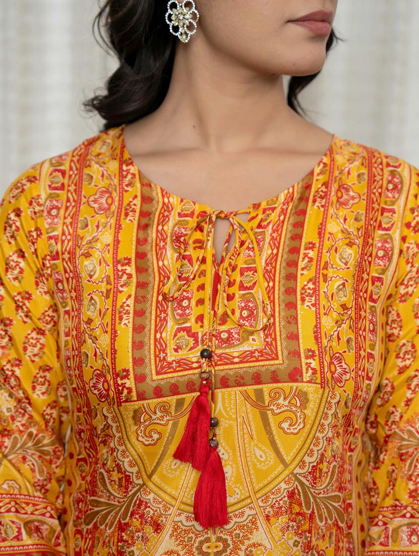 women printed tie-up neck straight kurta - 21679315 - Standard Image - 4