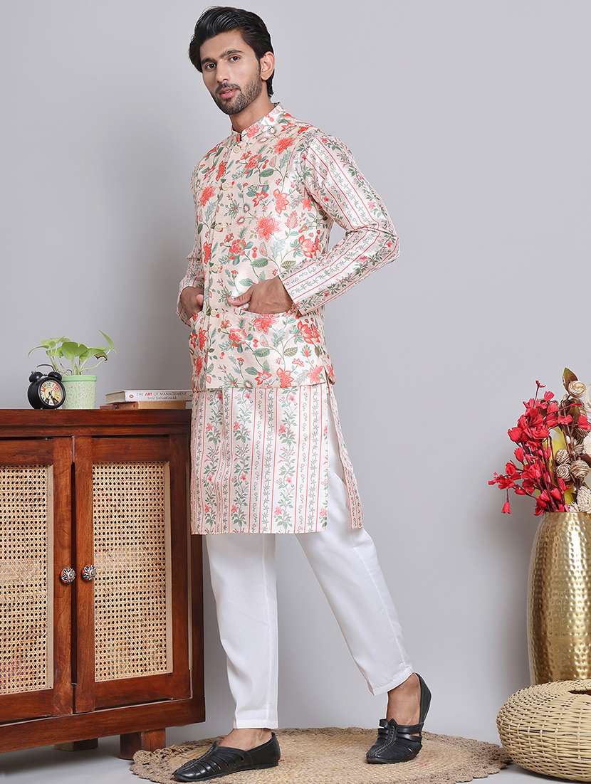 men floral printed mandarin neck kurta jacket set - 21679973 -  Standard Image - 1