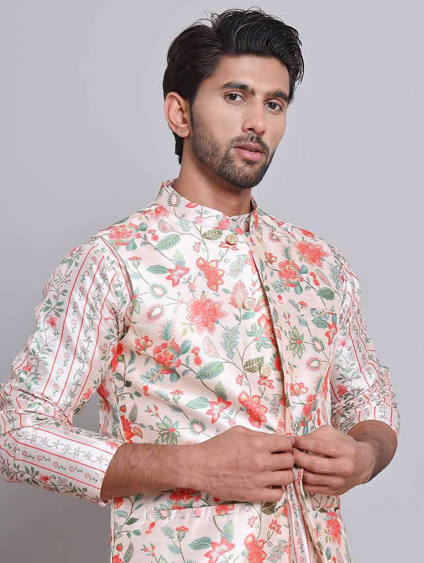 men floral printed mandarin neck kurta jacket set - 21679973 -  Standard Image - 4