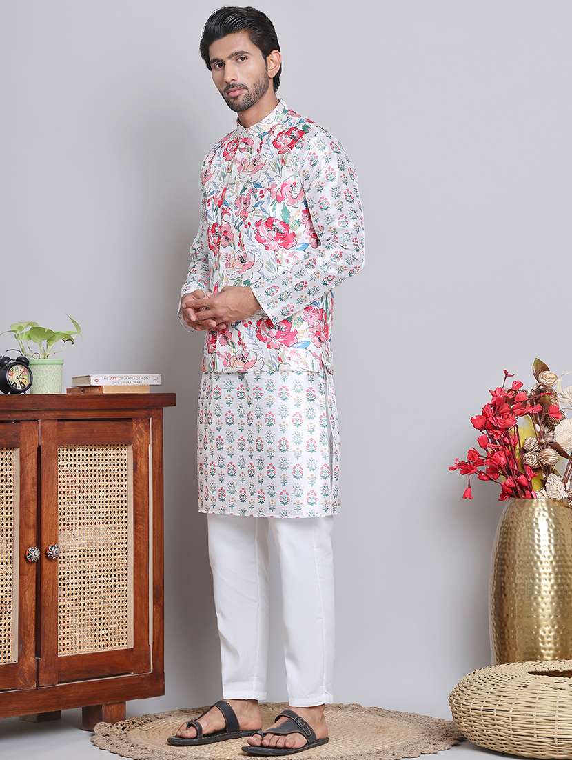 men floral printed mandarin neck kurta jacket set