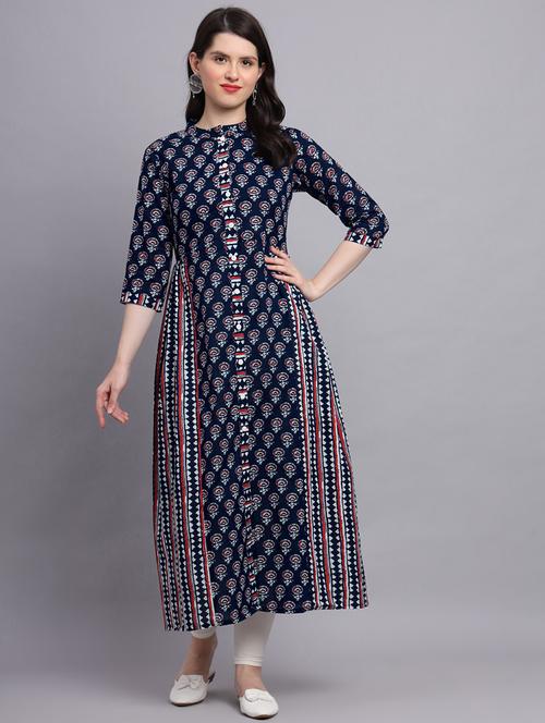 women navy blue printed three quarter sleeve a-line kurta - 21680171 - Standard Image - 0