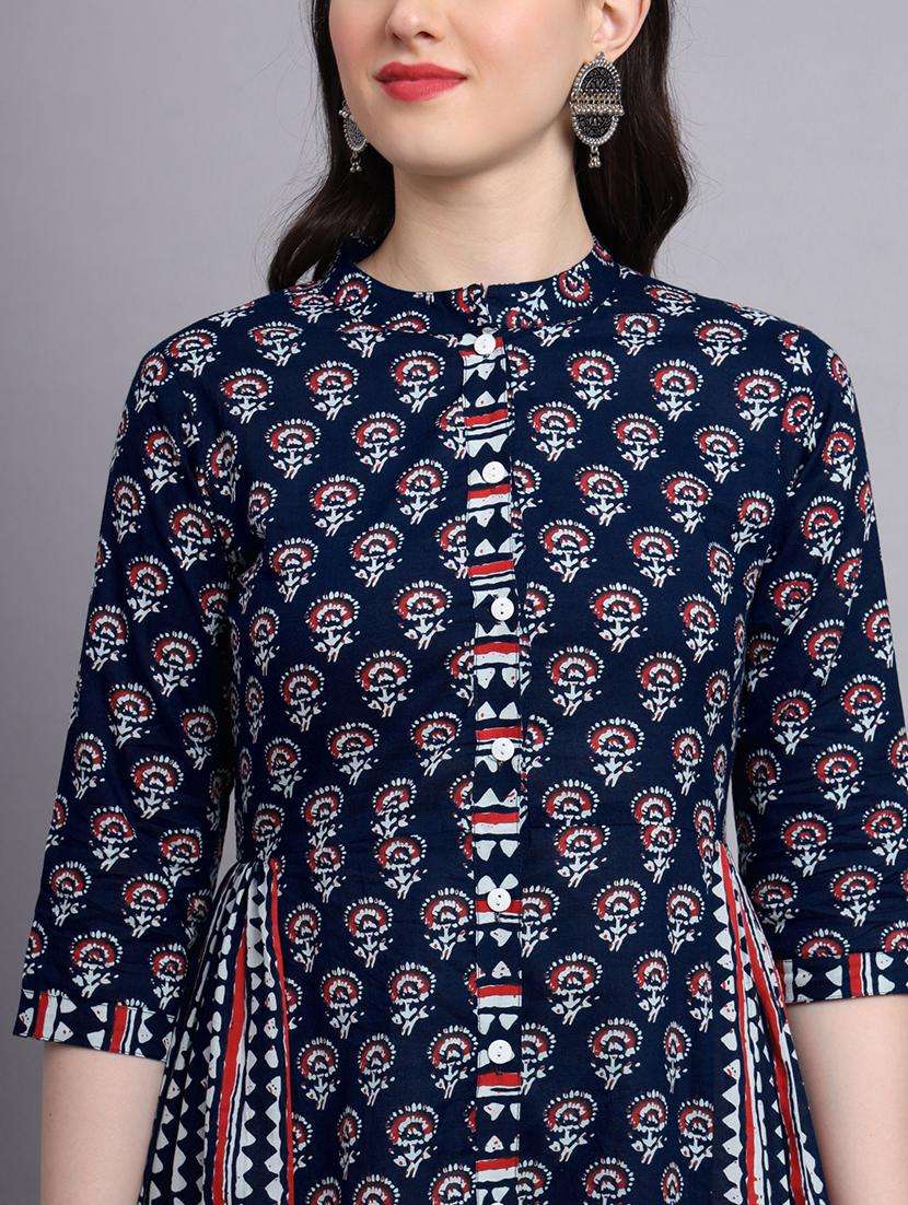 women navy blue printed three quarter sleeve a-line kurta - 21680171 -  Standard Image - 1