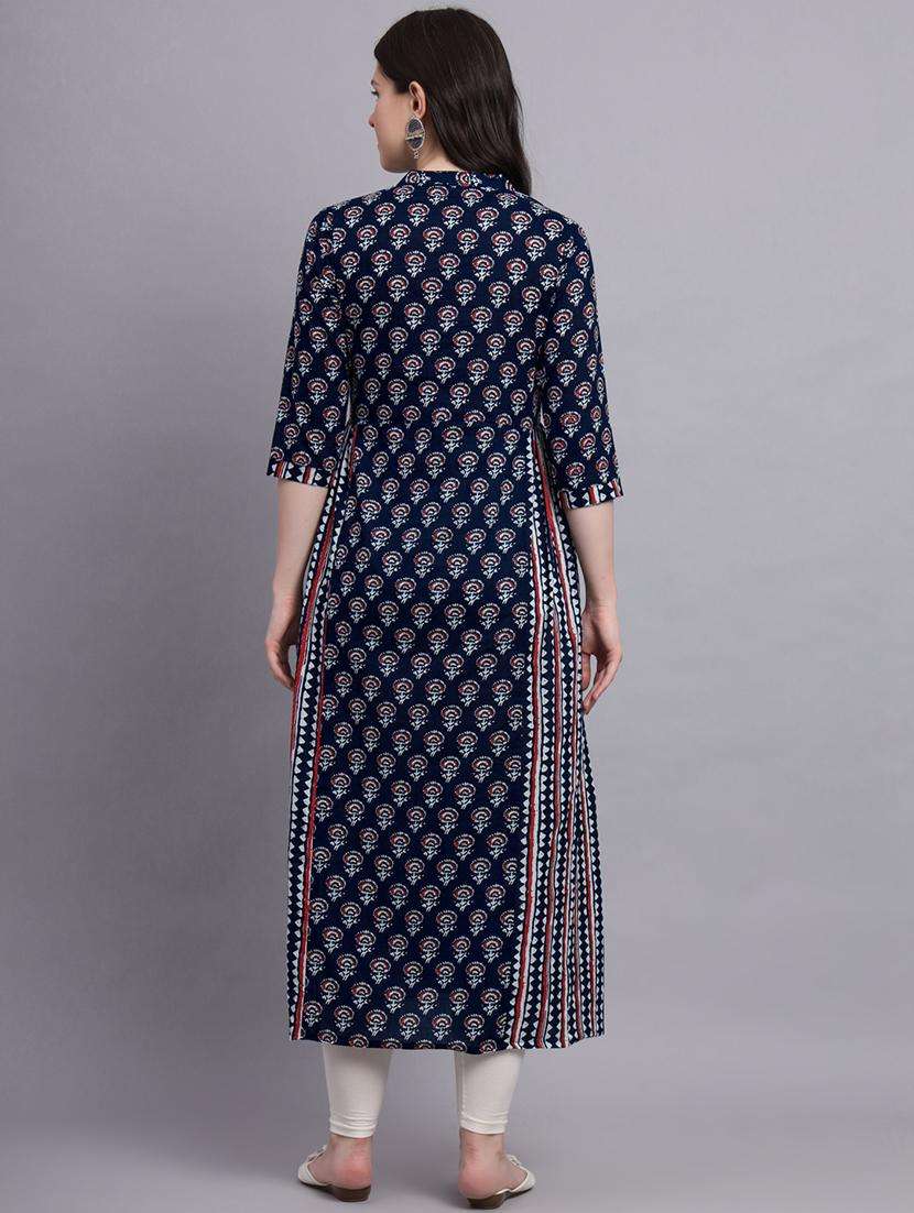 women navy blue printed three quarter sleeve a-line kurta - 21680171 -  Standard Image - 4