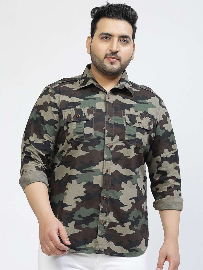 men plus size printed collared long sleeves shirt