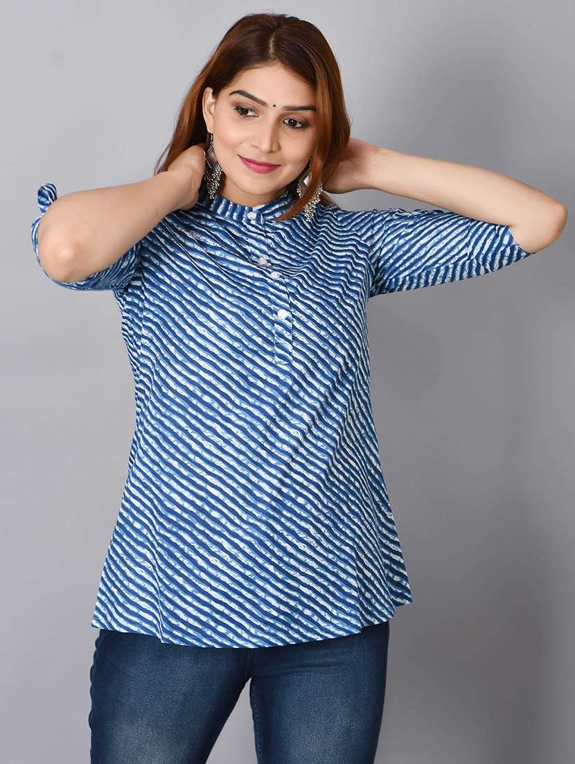 women mandarin neck leheriya printed a-line kurti