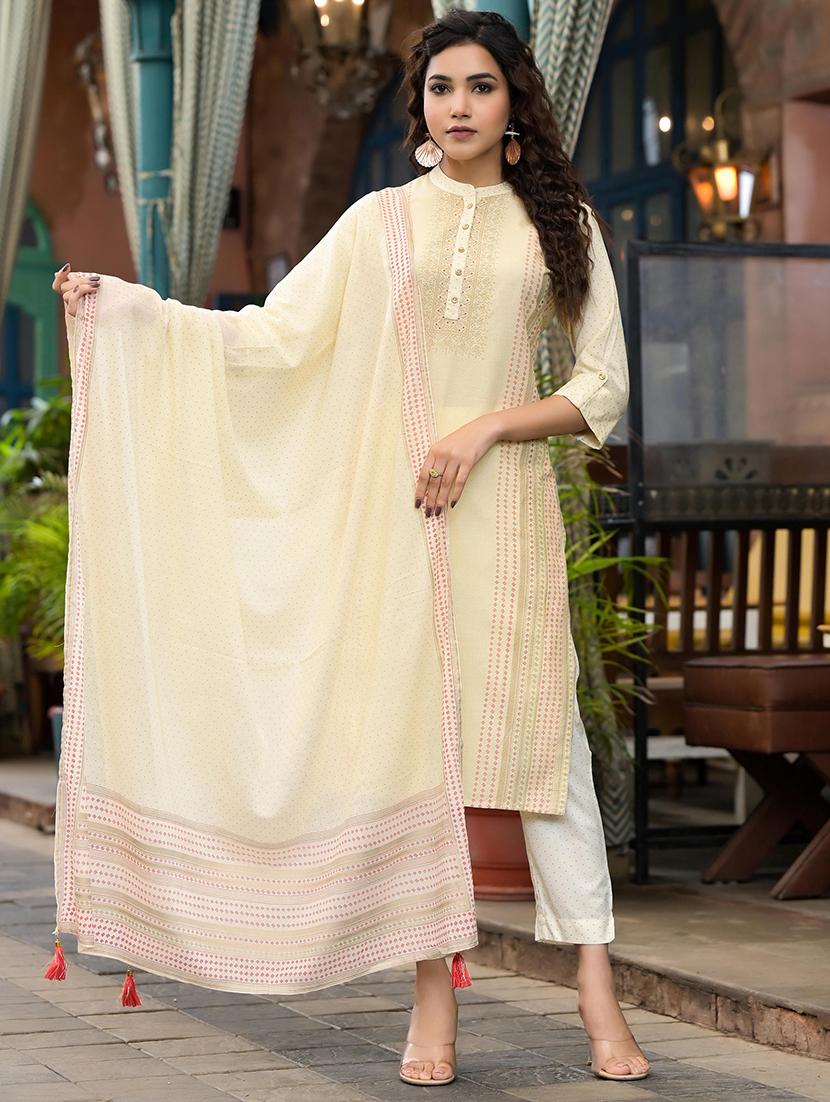women cream printed kurta pant set with dupatta - 21680447 - Standard Image - 1