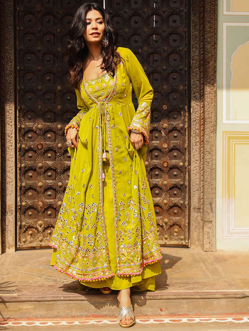 women lime sequin work long sleeve fusion set - 21680520 -  Standard Image - 1