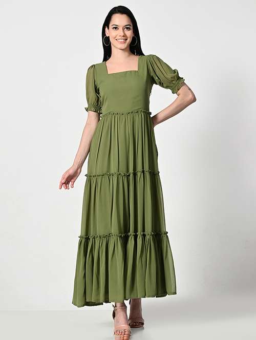women olive solid puff sleeve tiered dress - 21681187 -  Standard Image - 0